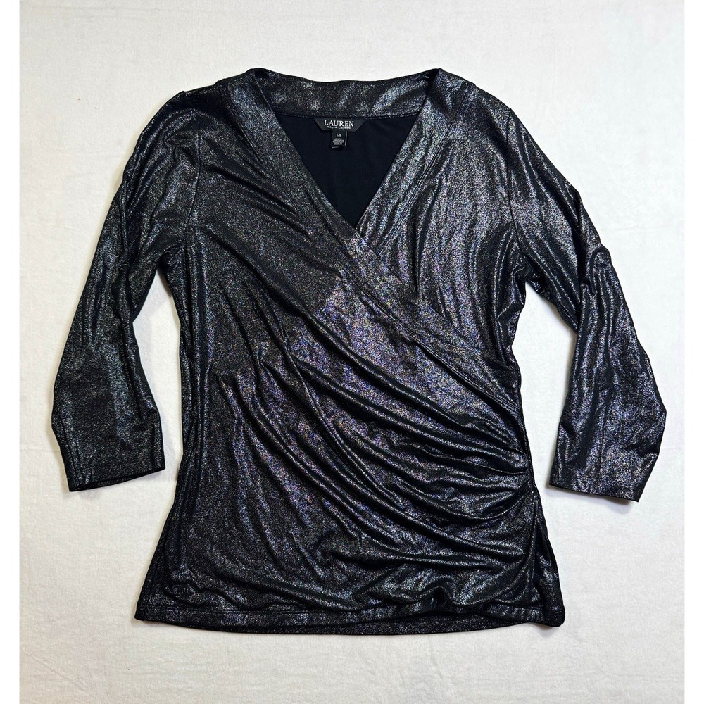 Ralph Lauren Black Shimmer Metallic Side Ruch Wrap Top Size L Glam  Blouse